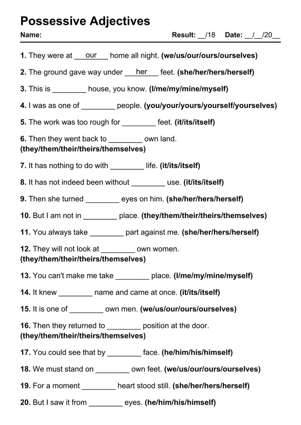 101 Possessive Adjectives PDF Worksheets With Answers Grammarism