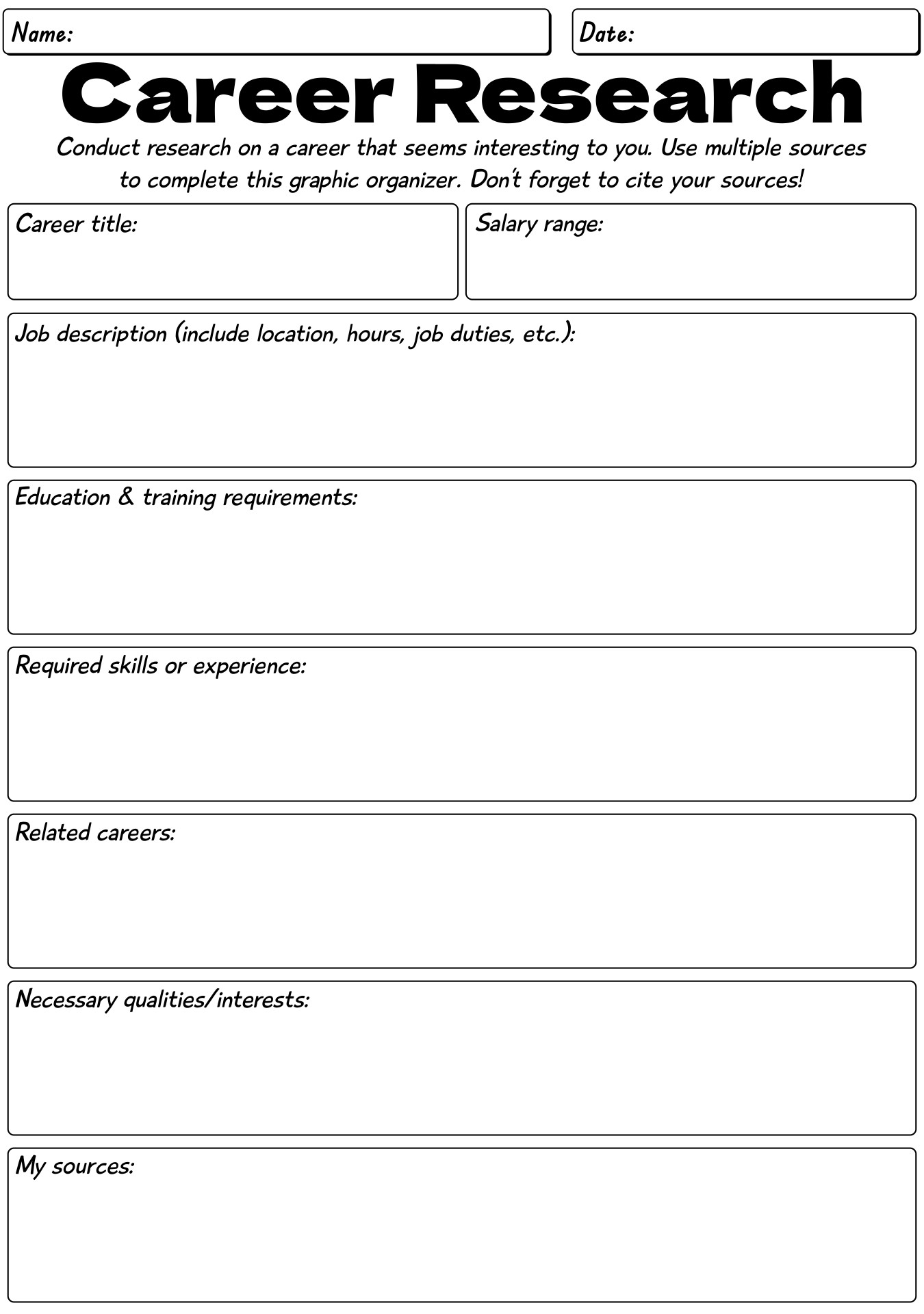 Free Career Exploration Worksheet For Middle High School