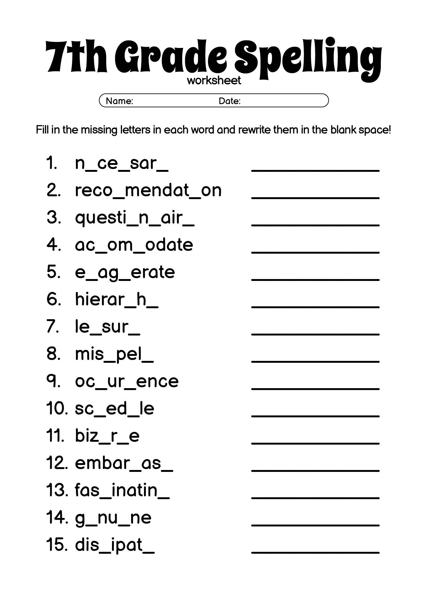 15 7th Grade Spelling Words Worksheets Free PDF At Worksheeto Spelling Worksheets Free Printable Spelling Practice By Grade