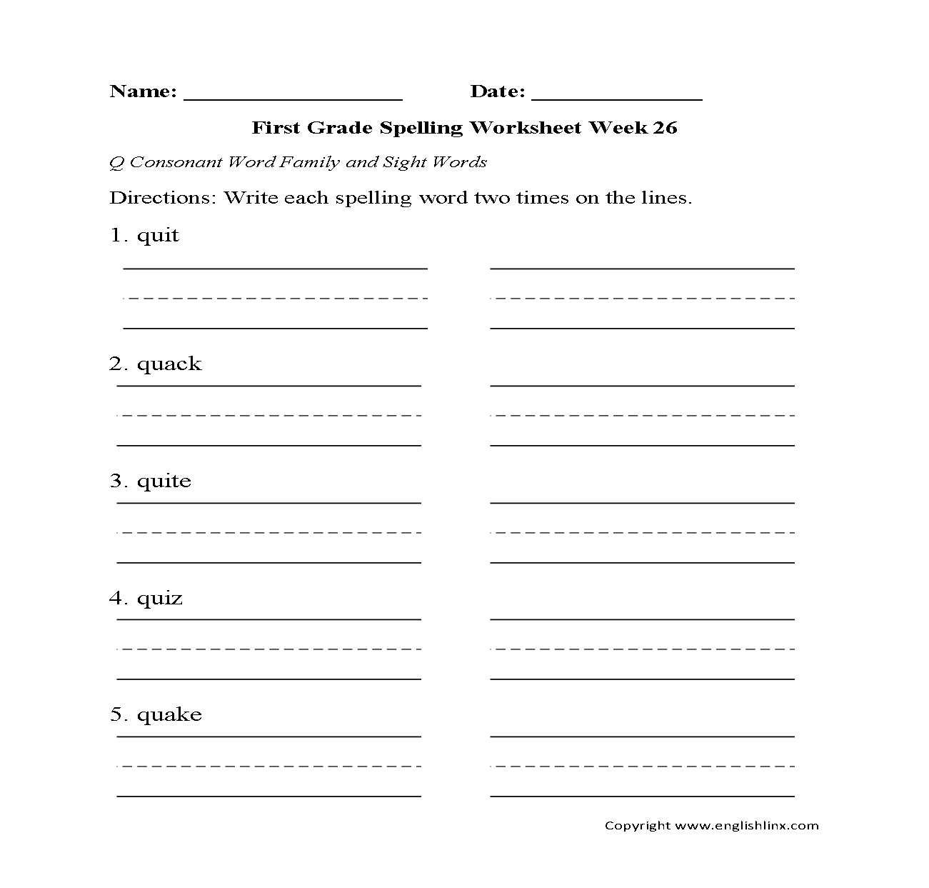 1st Grade Spelling Worksheets Printable Word Lists Weekly Practice