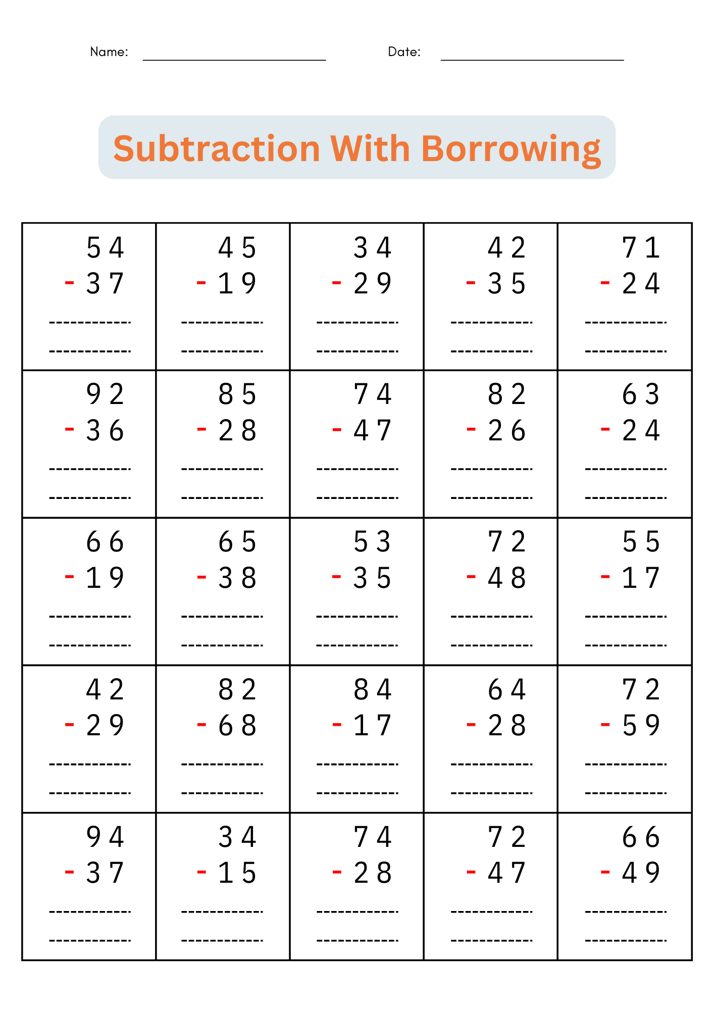2 Digit Subtraction With Regrouping Number Math Worksheets For Grade 1 2 3 Made By Teachers Free Subtraction Worksheets To 12