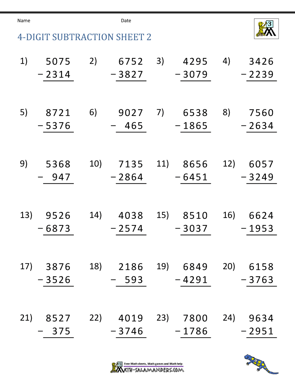 4 Digit Subtraction Worksheets 4 Digit Subtraction Worksheets