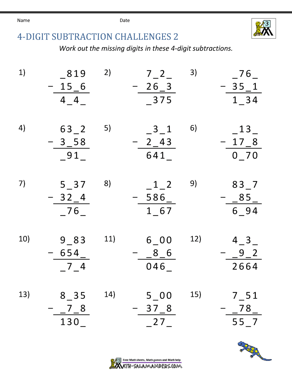 4 Digit Subtraction Worksheets 4 Digit Subtraction Worksheets