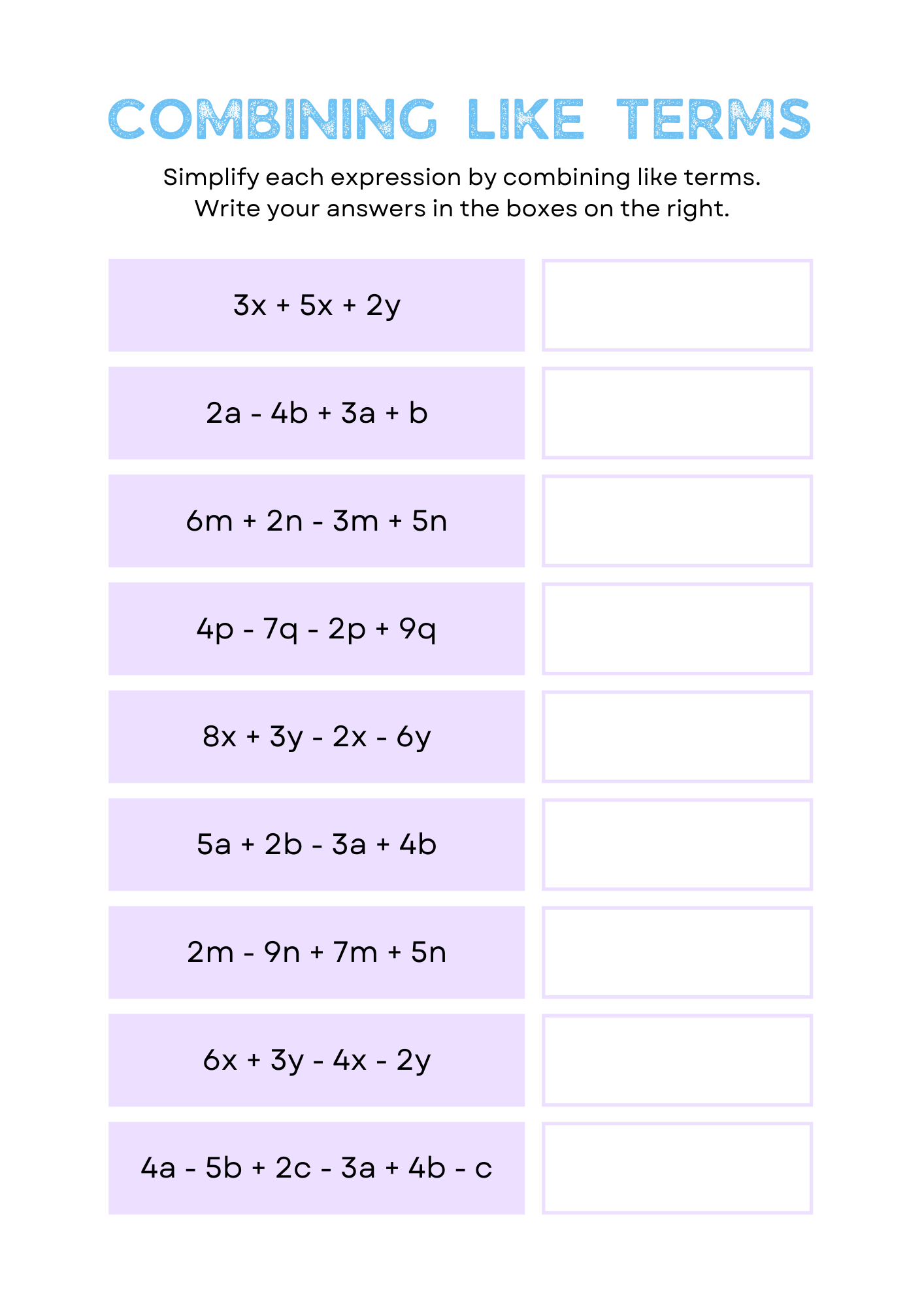 Combining Like Terms Printable Worksheet Practice Algebraic Skills