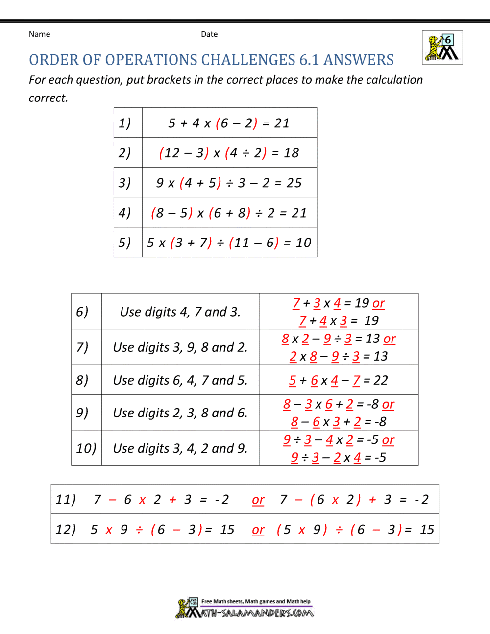 6th Grade Order Of Operations Worksheets