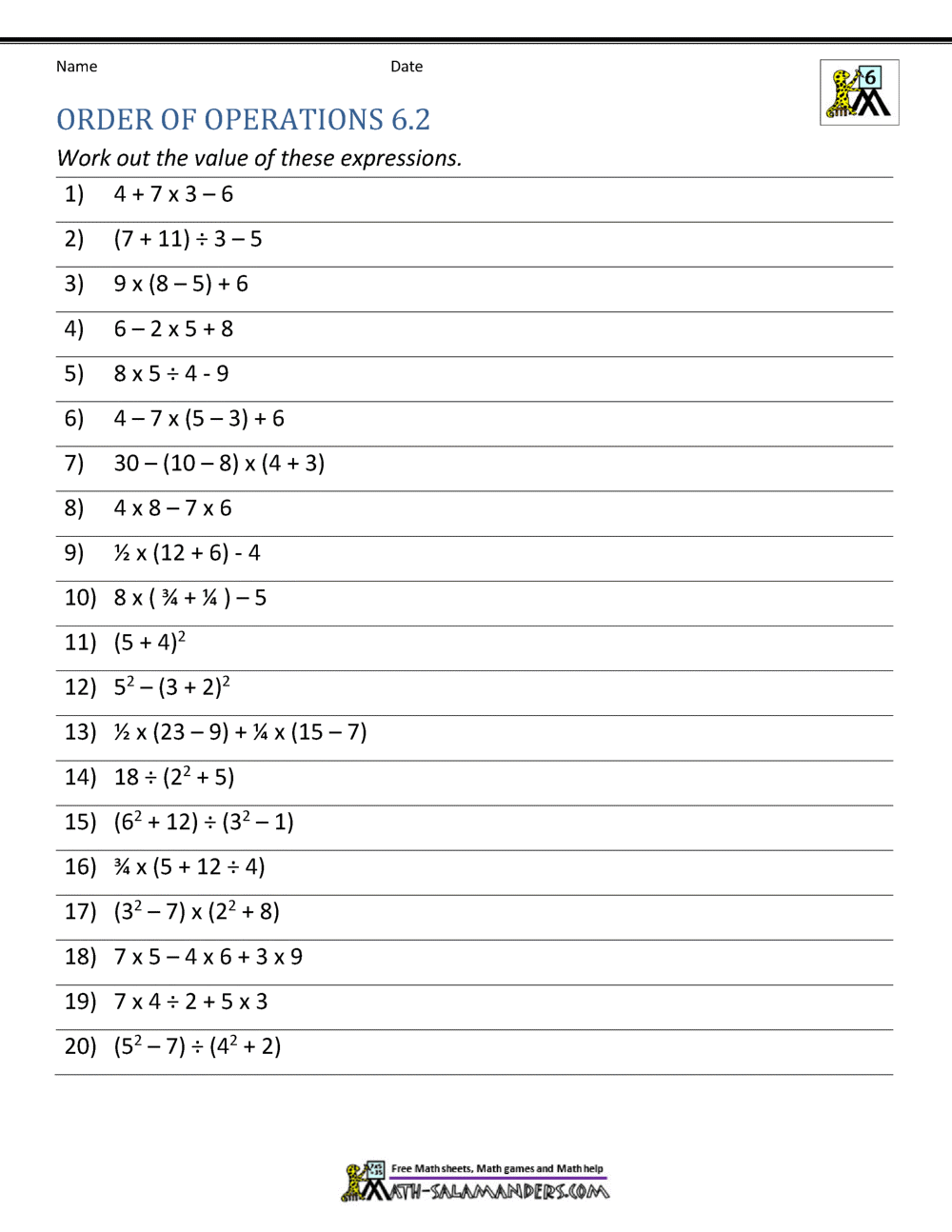 6th Grade Order Of Operations Worksheets 6th Grade Order Of Operations Worksheets