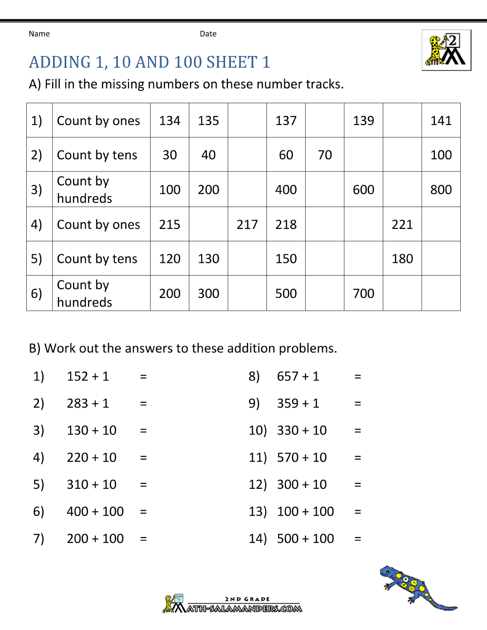 Adding 1 10 100 Worksheets Adding 1 10 100 Worksheets