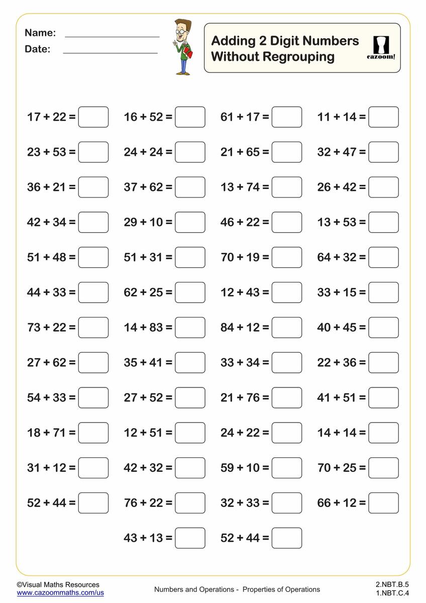 Adding 2 Digit Numbers Without Regrouping 50 Questions Fun And Engaging 2nd Grade PDF Worksheets Cazoom Math Adding 2 Digit Numbers Without Regrouping 50 Questions Fun And Engaging 2nd Grade PDF Worksheets Cazoom Math
