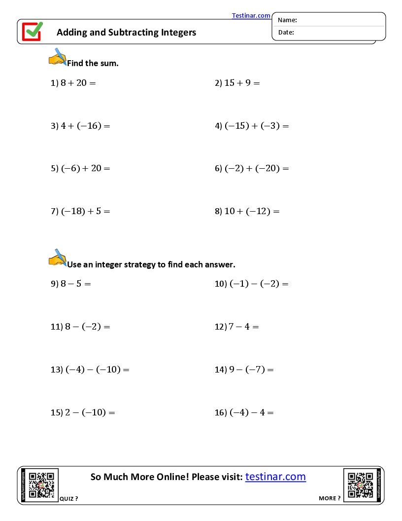 Adding And Subtracting Integers Worksheets Adding And Subtracting Integers Worksheets