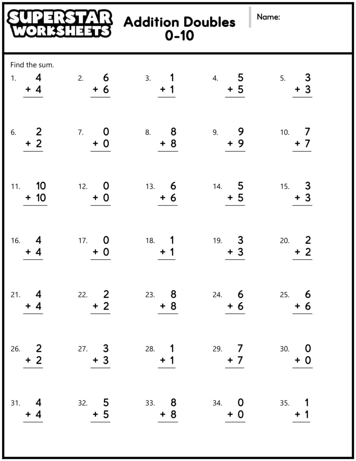 Addition Doubles Worksheets Superstar Worksheets