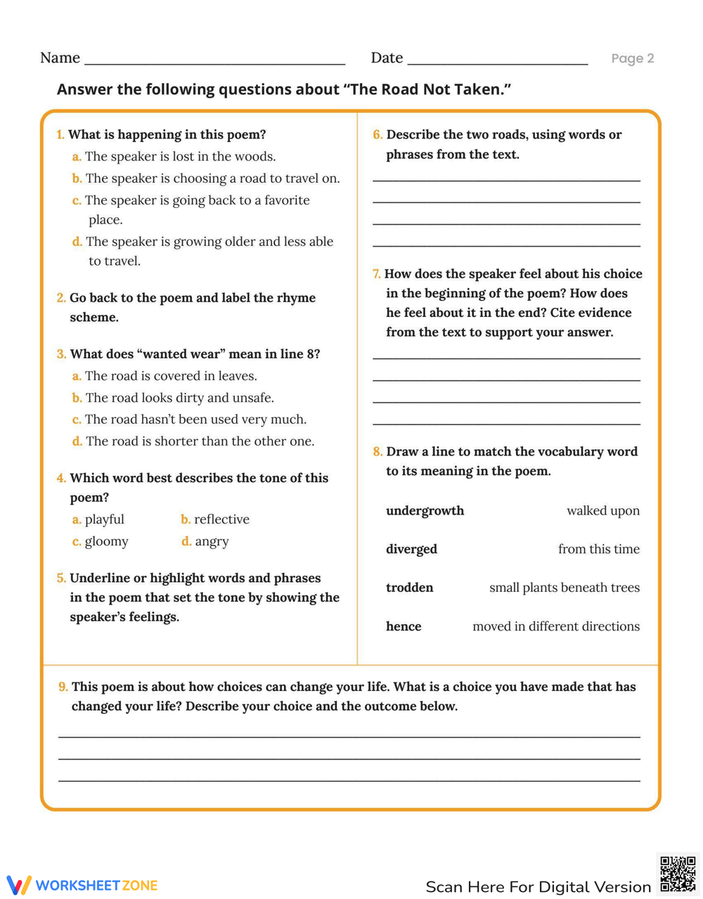 Analyze Poetry The Road Not Taken Worksheet