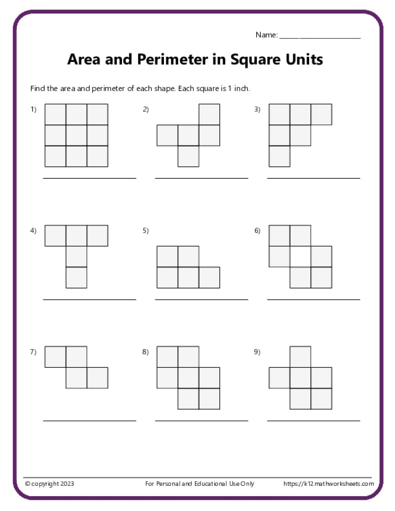 Area And Perimeter With Square Units K12 Math Worksheets Perimeter Worksheets