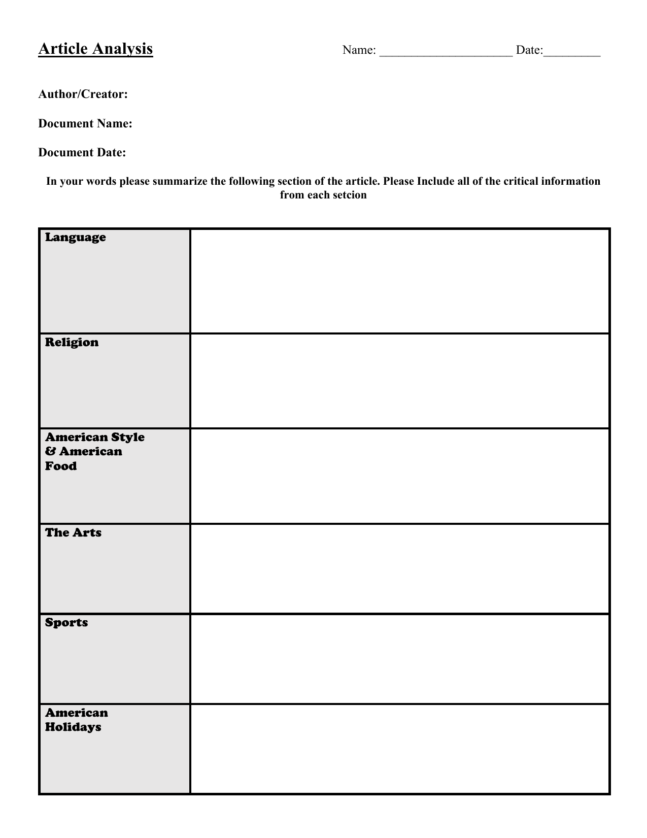 Article Analysis Worksheet For Grade School Article Analysis Worksheet For Grade School