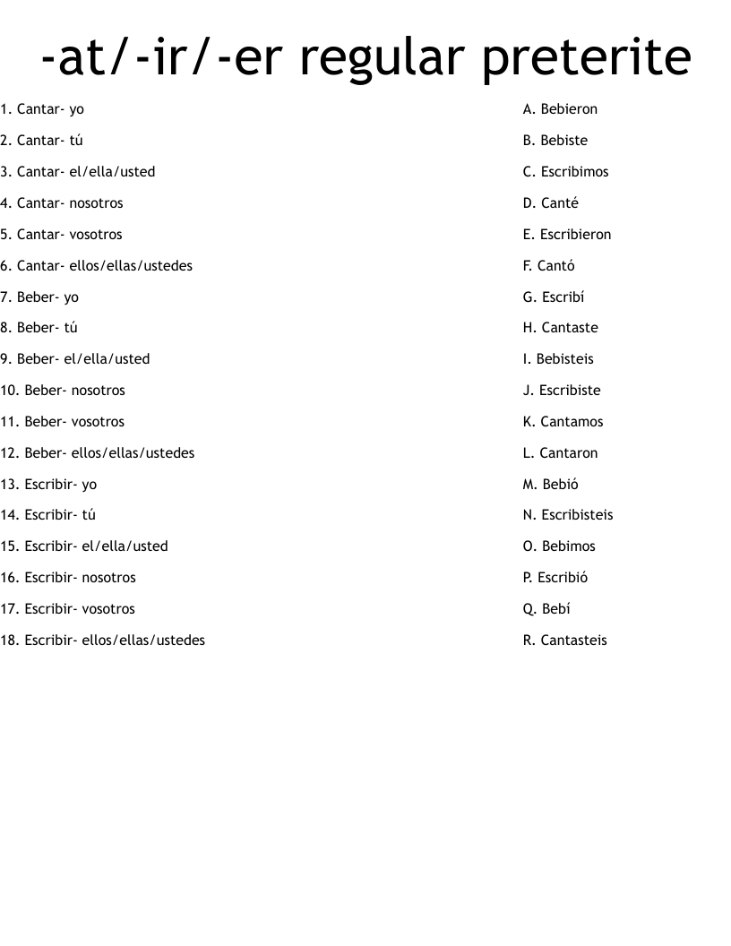 At Ir Er Regular Preterite Worksheet WordMint
