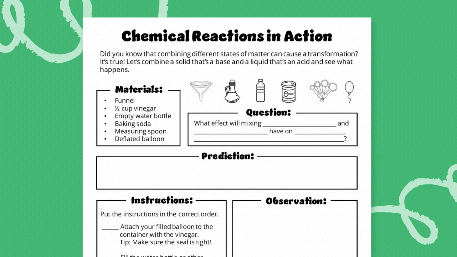 Baking Soda And Vinegar Balloon Experiment With Free Worksheet