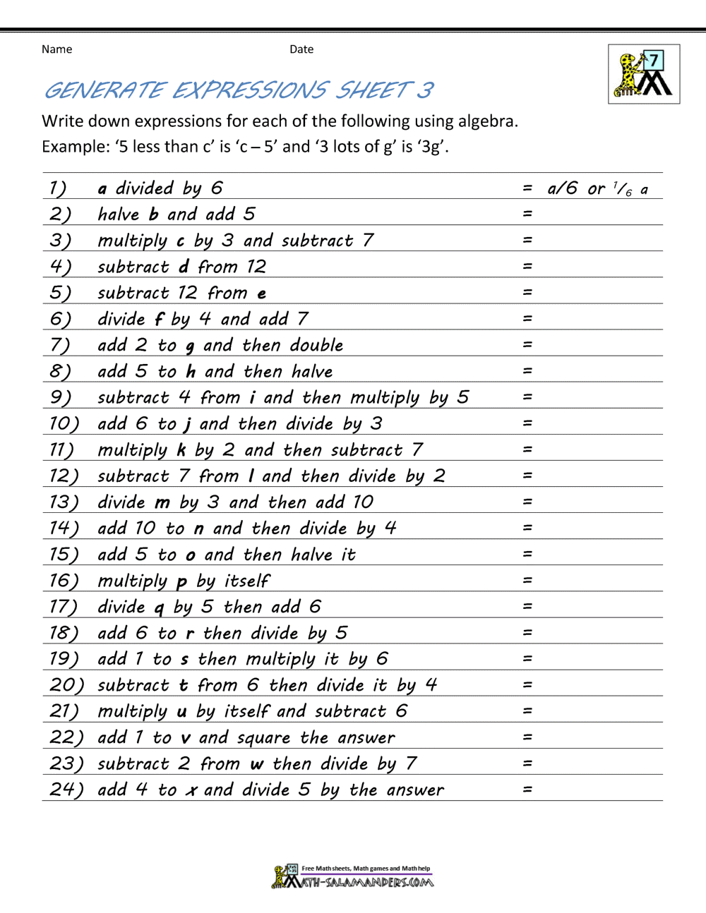 Basic Algebra Worksheets Basic Algebra Worksheets