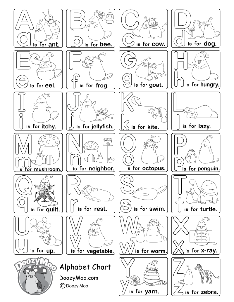 Black And White Alphabet Chart Free Printable Doozy Moo Alphabet Worksheets PresschoolPad