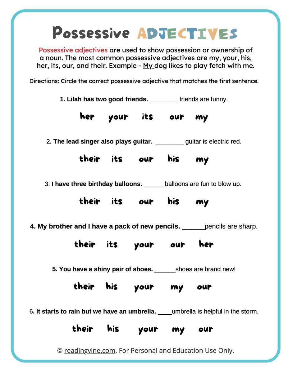 101 Possessive Adjectives PDF Worksheets With Answers Grammarism