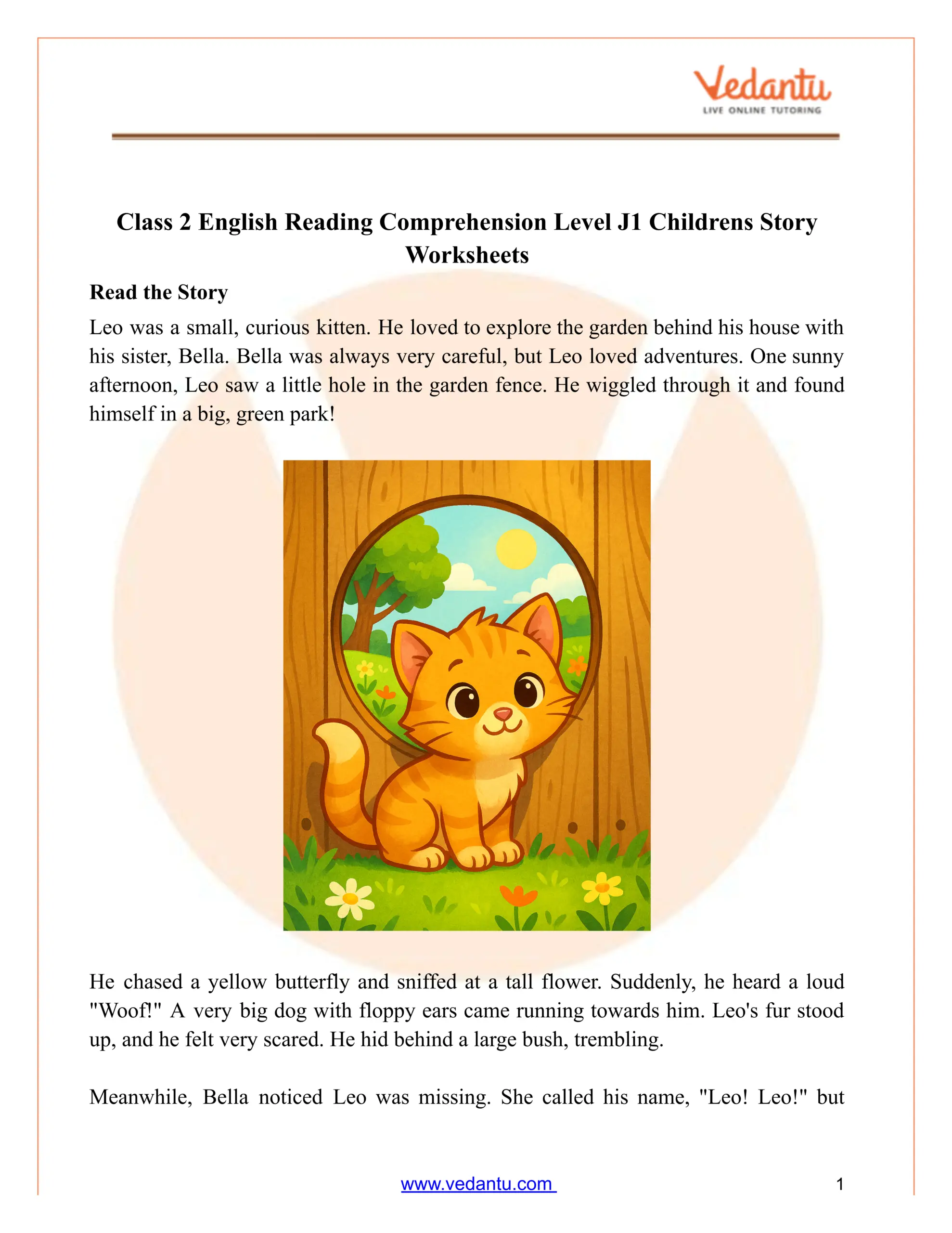 Class 2 Reading Comprehension Worksheet PDF Level J1 Story
