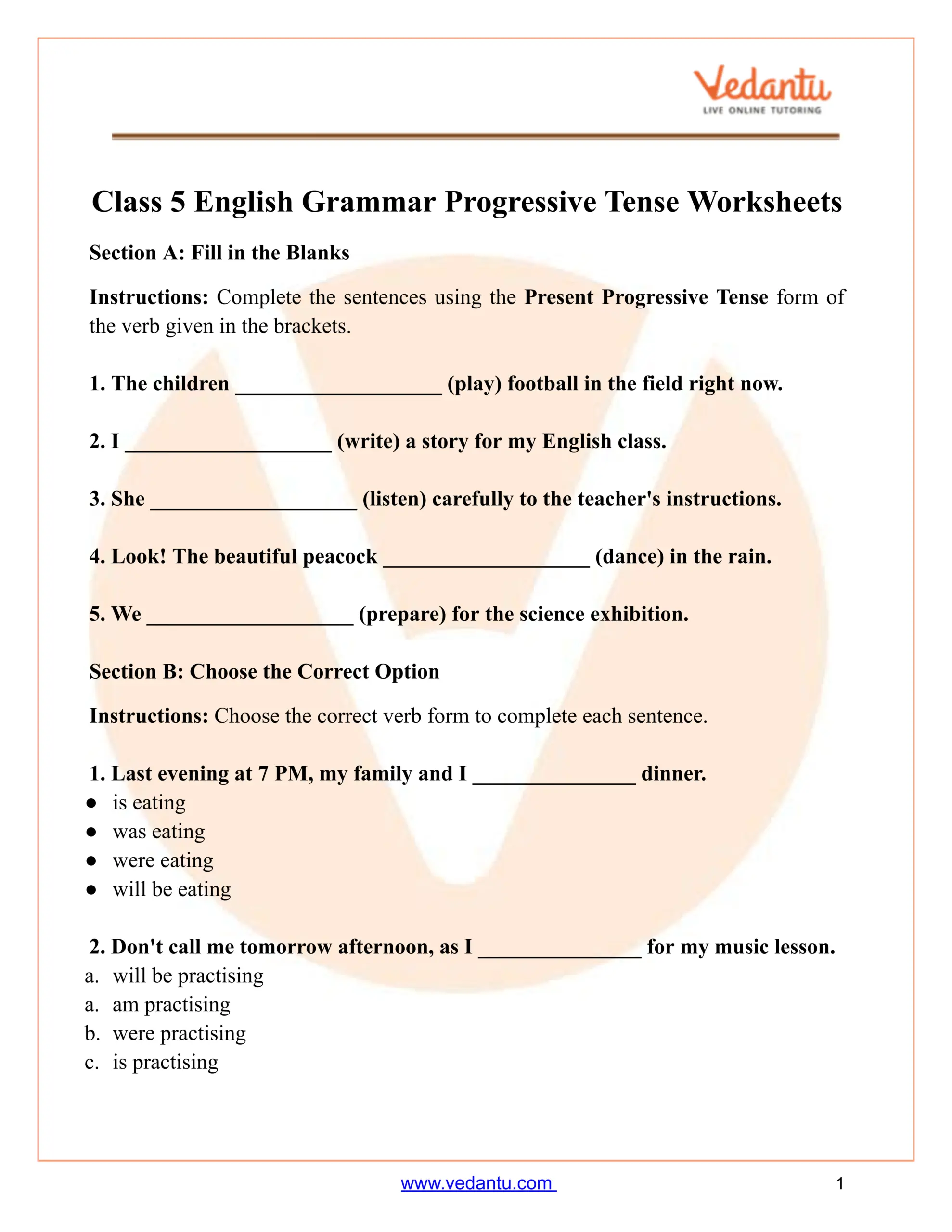 Class 5 English Grammar Progressive Tense Worksheet PDF Class 5 English Grammar Progressive Tense Worksheet PDF