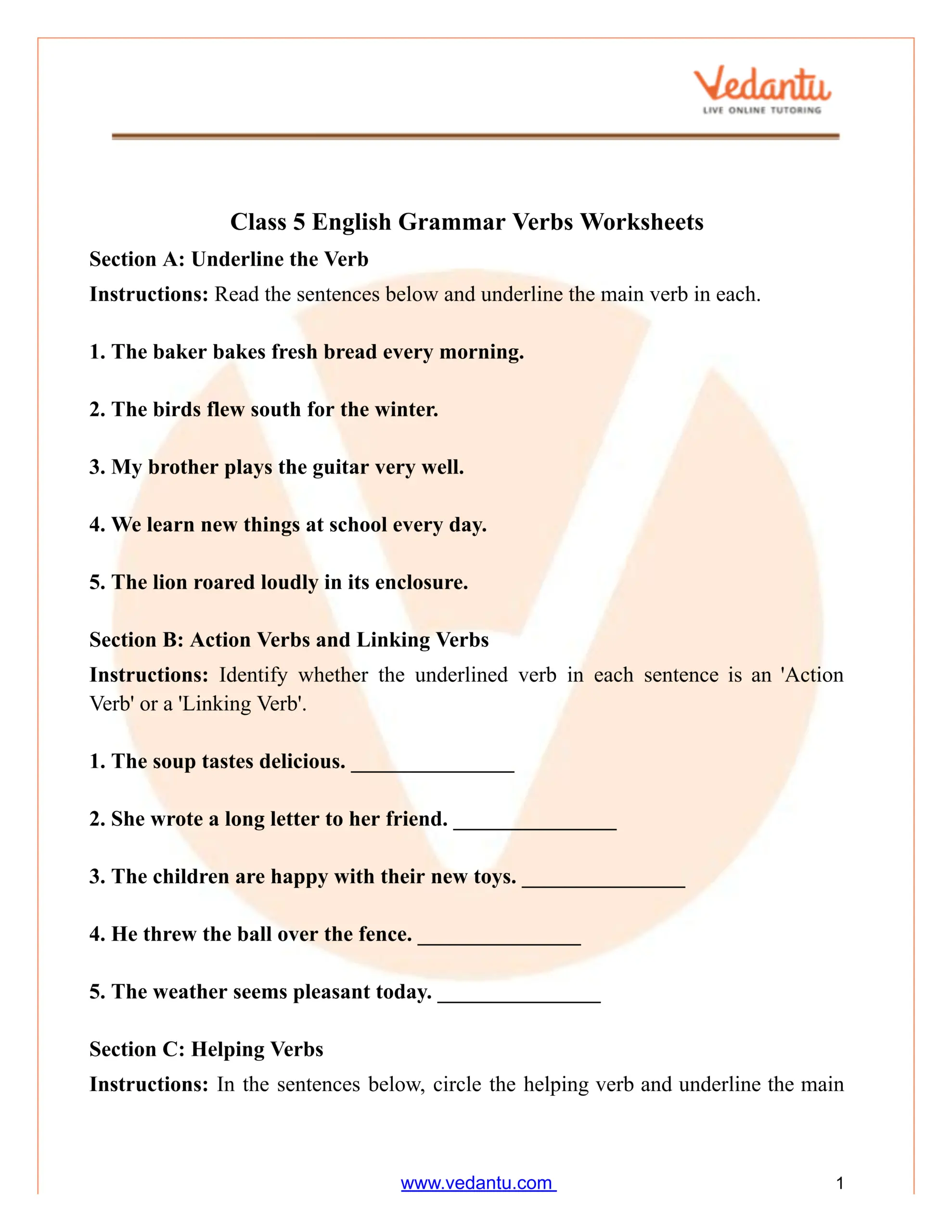 Class 5 English Grammar Verbs Worksheet PDF Free Practice Answers Free Printable English Grammar Worksheet