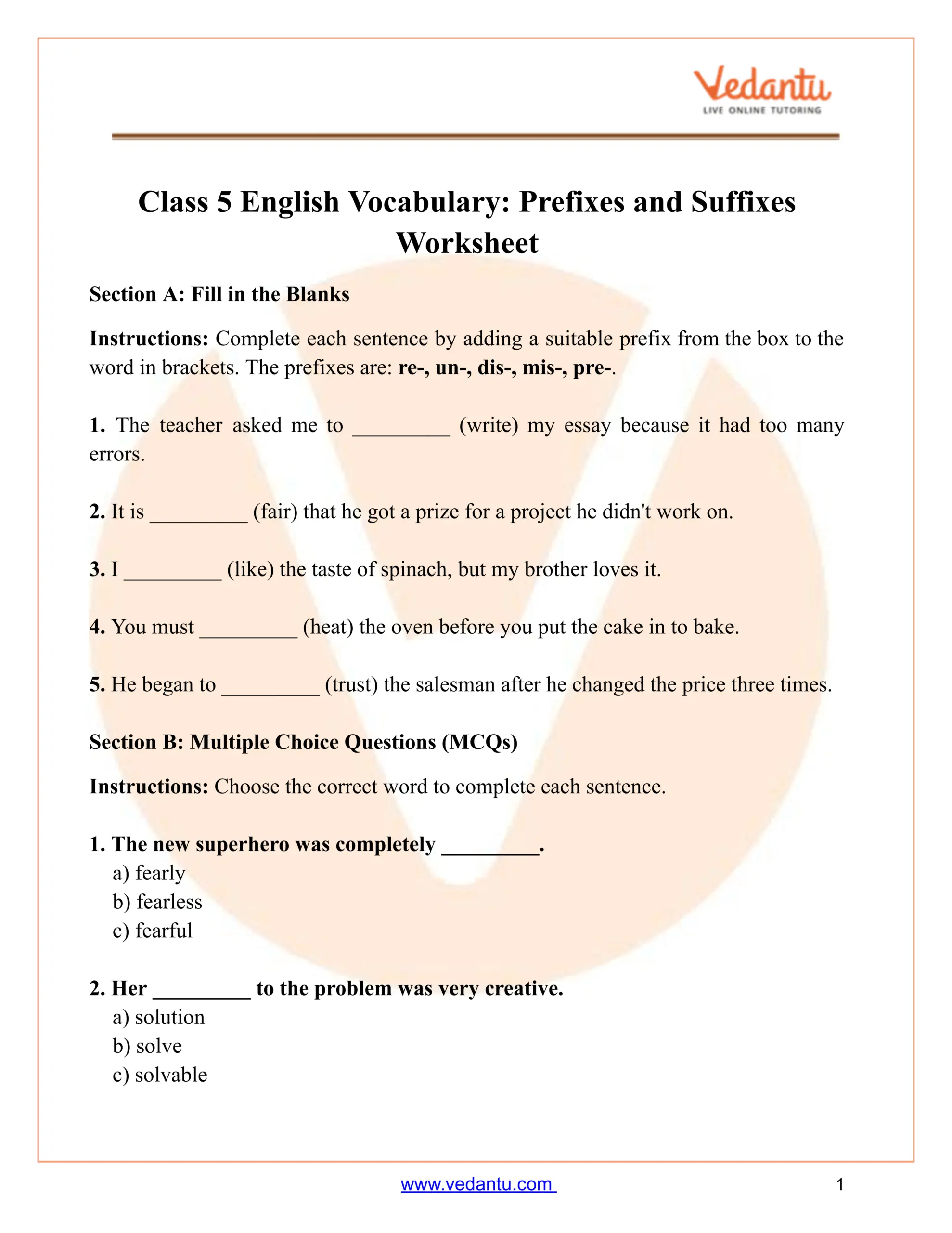 Class 5 Prefixes Suffixes Worksheet PDF Vocabulary Practice Class 5 Prefixes Suffixes Worksheet PDF Vocabulary Practice