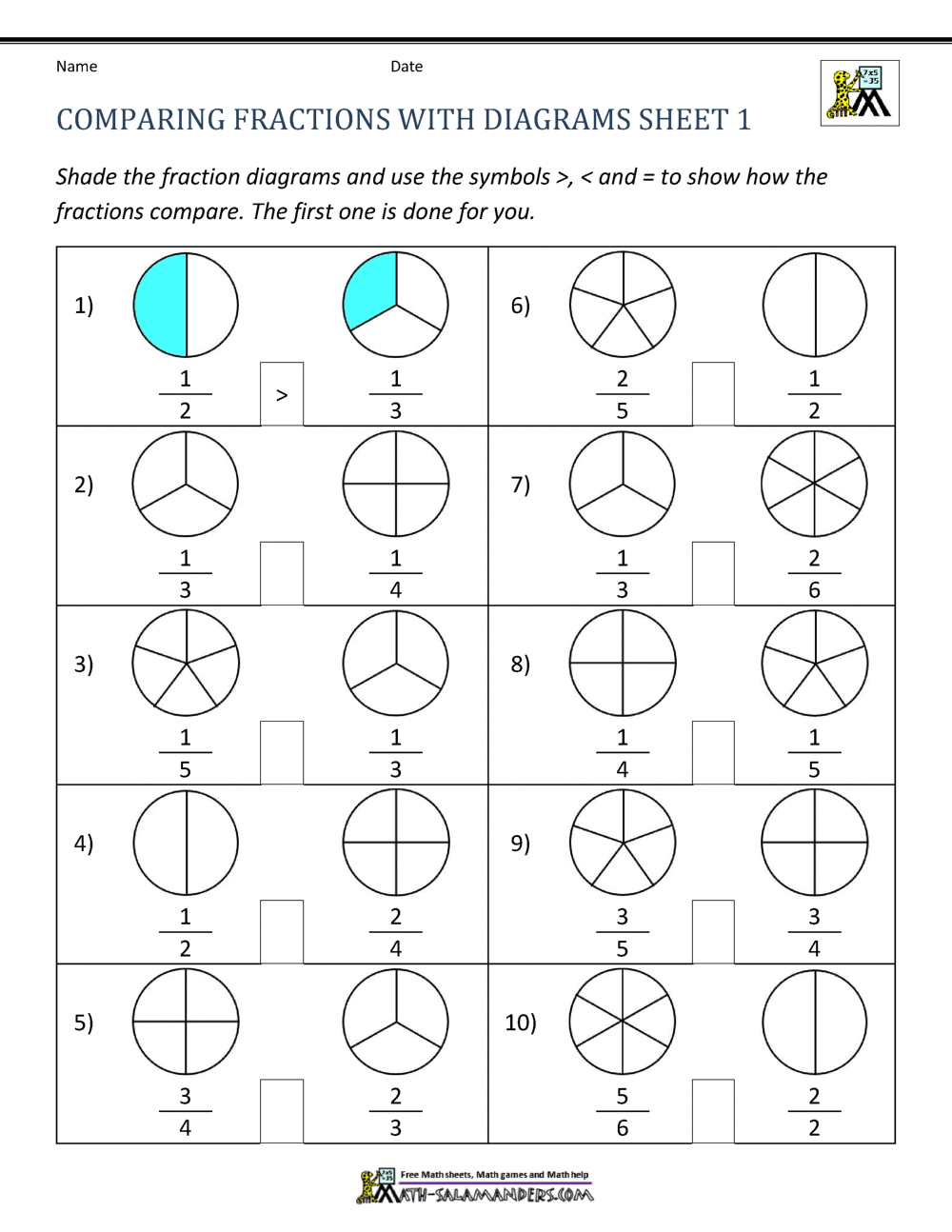 Comparing Fractions Worksheet Comparing Fractions Worksheet