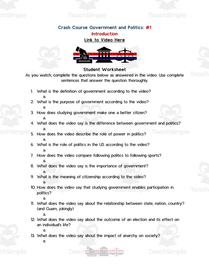 Crash Course Government Episode Worksheet 1 Introduction By Teach Simple