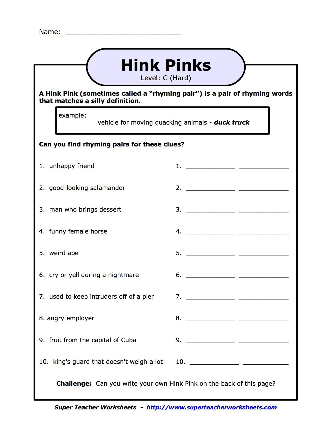 Current Elementary I Families Bridgeview Montessori School Hink Pinks Rhyming Words Activity Art And Drama 50 ELA Tasks PDF Printable Etsy
