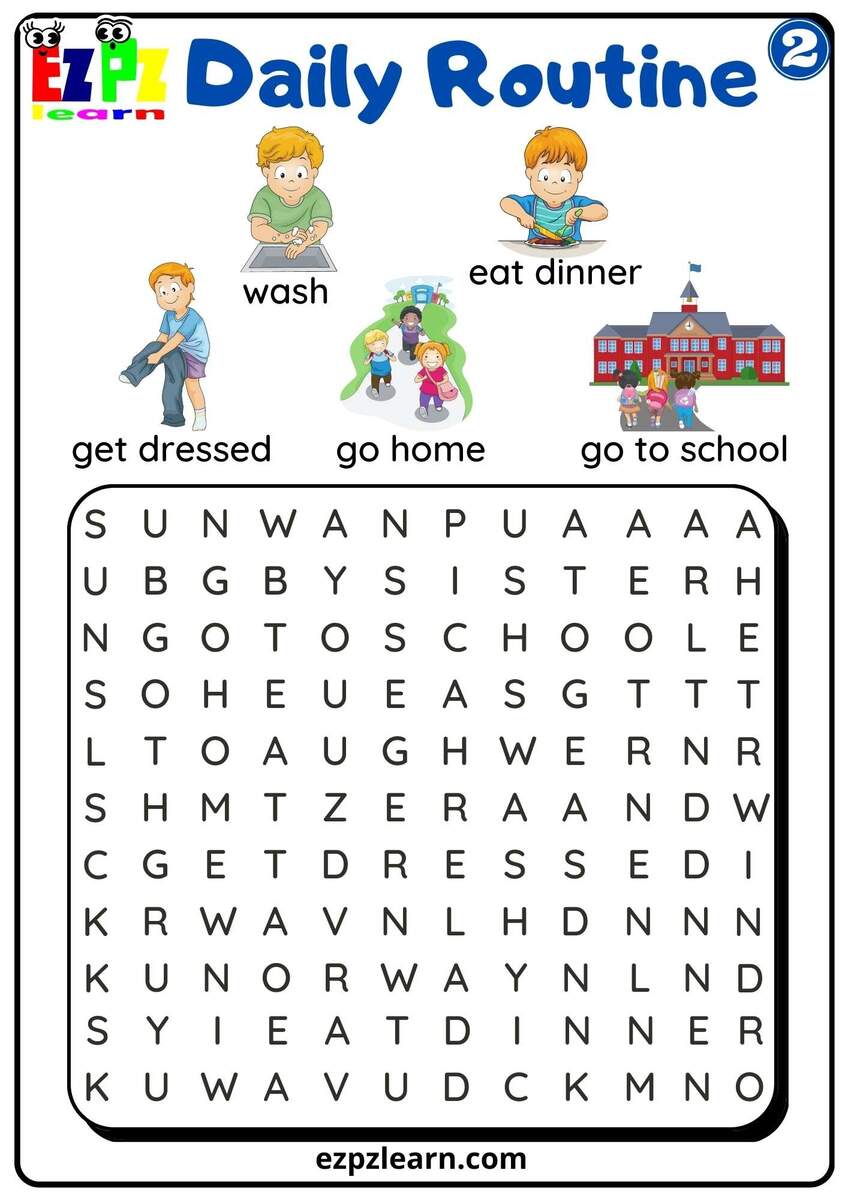 Daily Routines Group 2 Word Search Worksheet For Children And ESL Students Free PDF Download Ezpzlearn