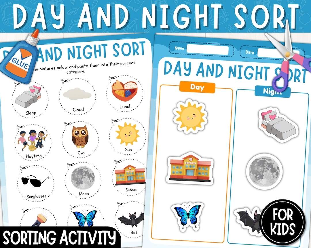 Day And Night Sorting Activity Cut And Paste Day Or Night Printable Worksheet For Kids Preschool Montessori Instant Download PDF Etsy Customize 53 Telling Time Worksheets Templates Online Canva