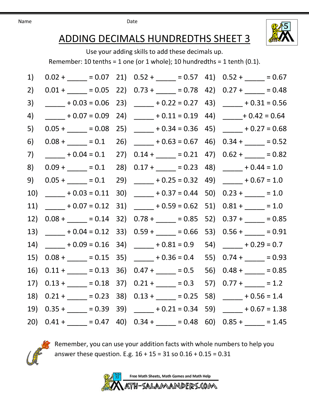 Adding And Subtracting Decimals With Helper Grid Worksheet Download