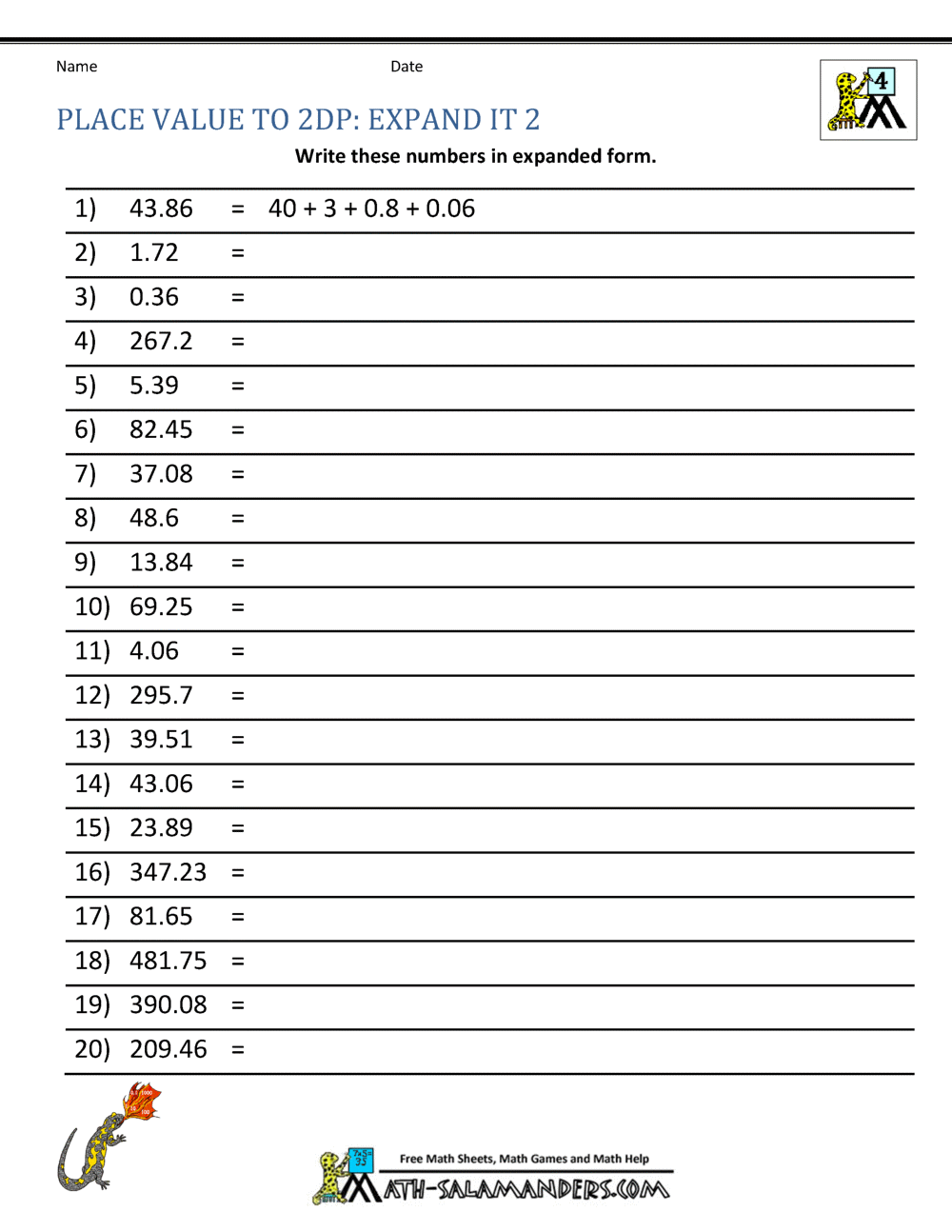 Place Values In Decimal Numbers Numericwiz