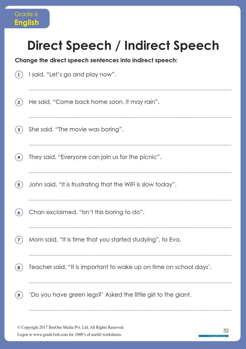 Direct And Indirect Speech Worksheet Grade1to6