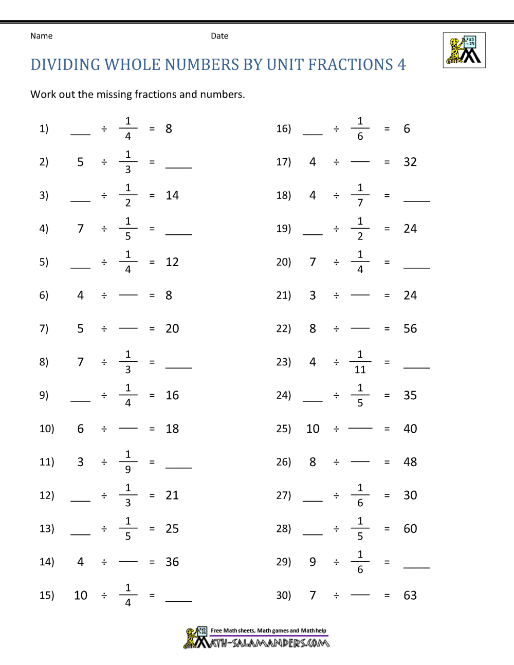 Divide Whole Numbers By Fractions Divide Whole Numbers By Fractions