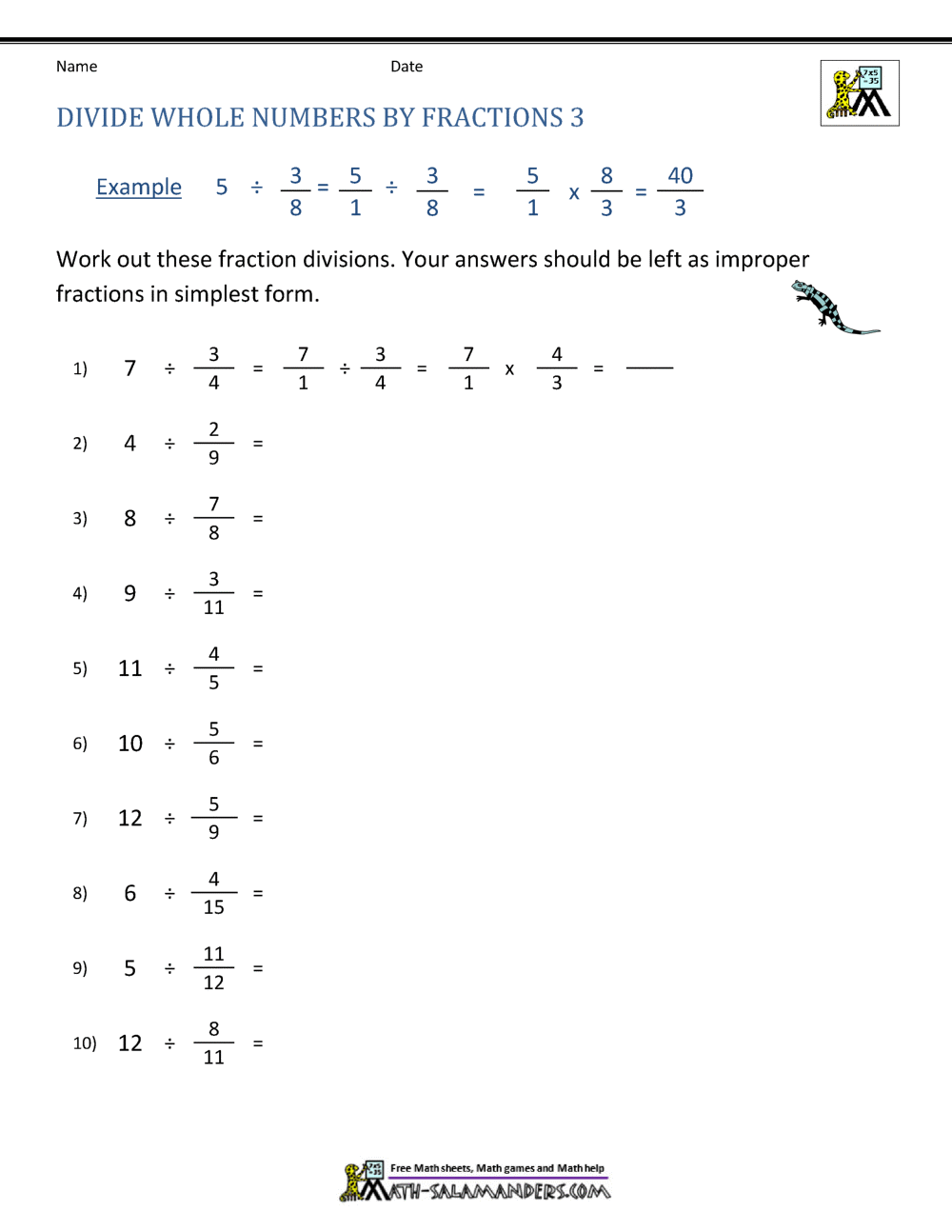Divide Whole Numbers By Fractions Divide Whole Numbers By Fractions