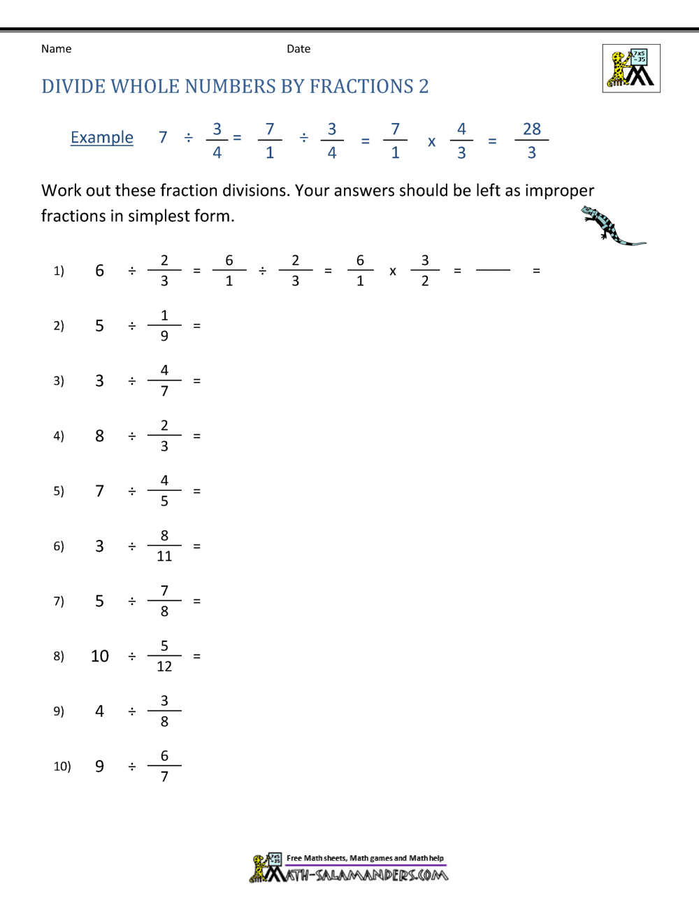 Divide Whole Numbers By Fractions Divide Whole Numbers By Fractions