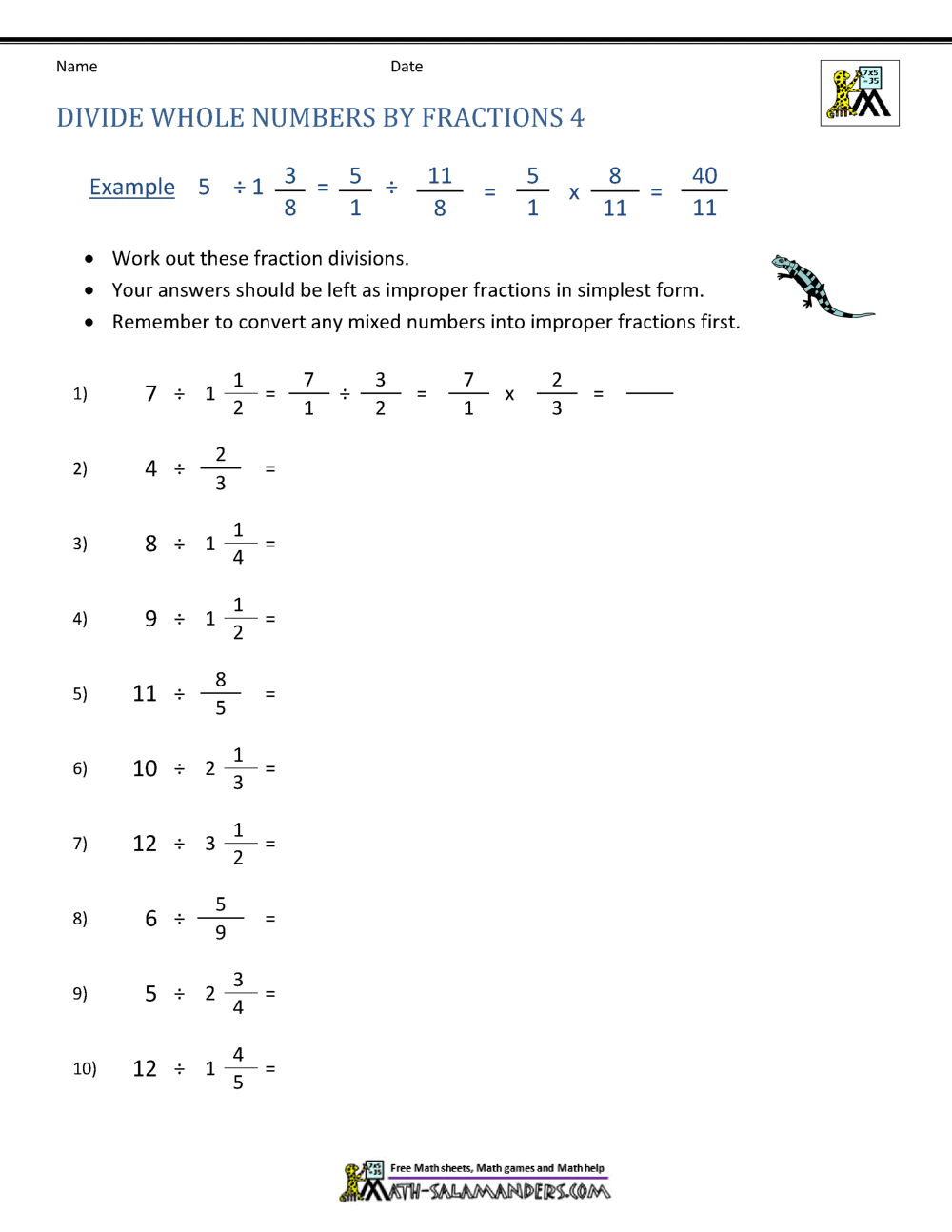 Divide Whole Numbers By Fractions Divide Whole Numbers By Fractions