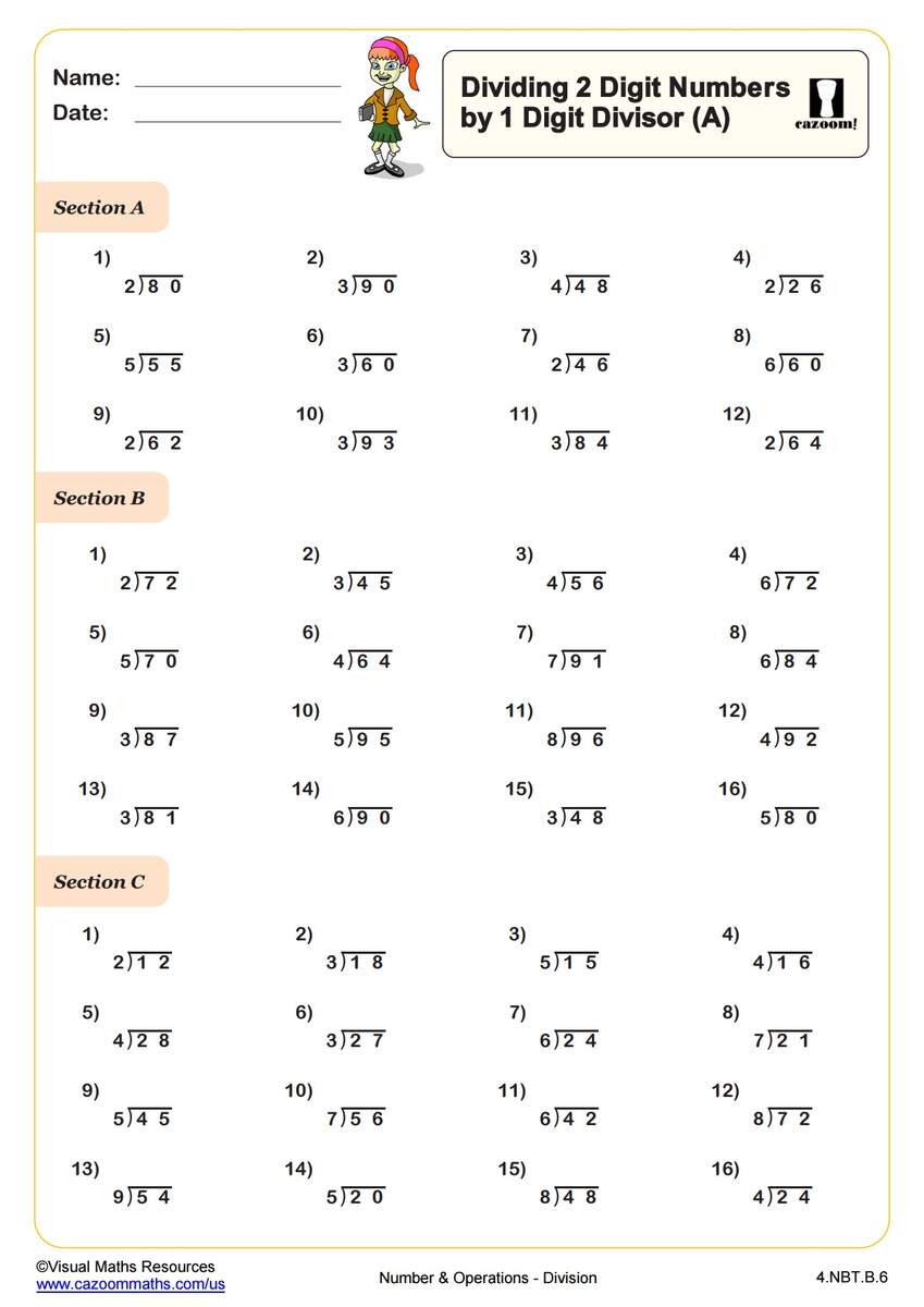 Division Dividing 2 Digit Numbers By 1 Digit Divisors A 4th Grade PDF Number And Operations Worksheets Cazoom Math