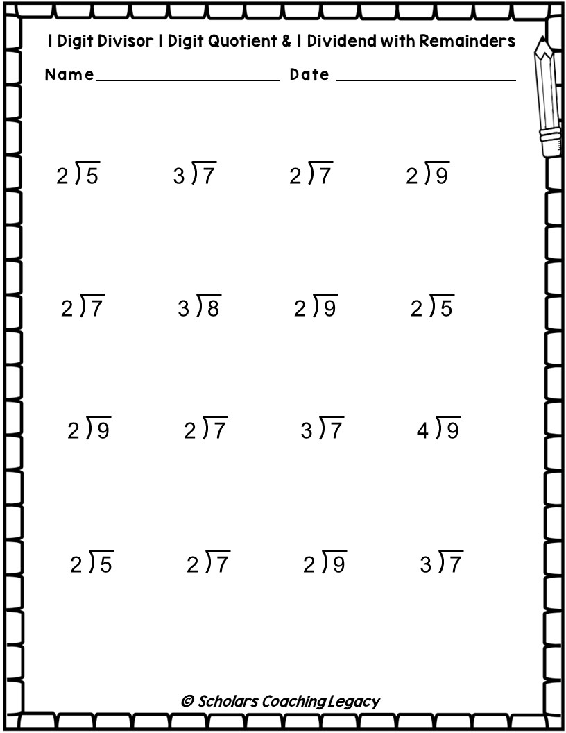Division With 1 Digits Divisor 1 Quotient 1 Dividend With Remainders Worksheets Math Problems Made By Teachers Division Worksheets Problems Free Printable Math Drills Free Printables Lettering SVG Files Tools Apps