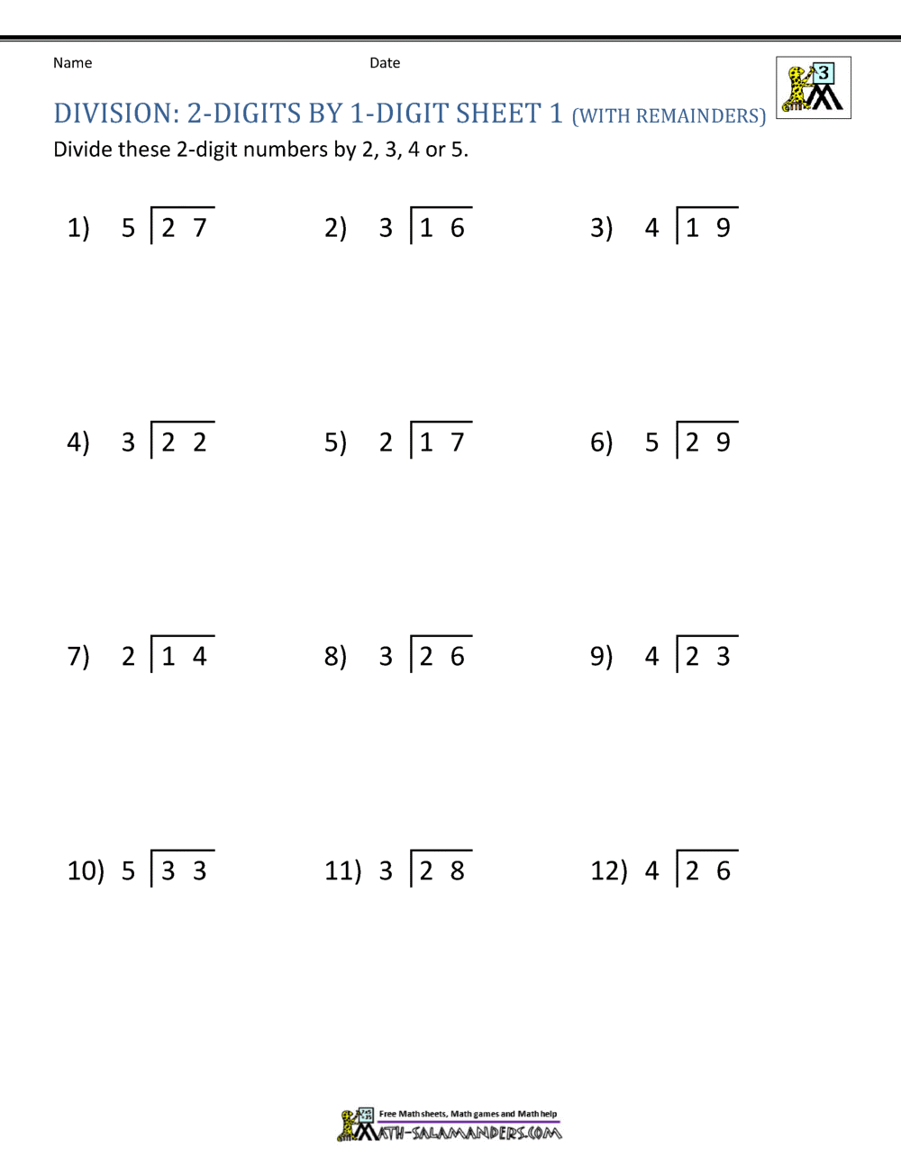 Division Worksheets 3rd Grade Division With 1 Digits Divisor 2 Quotient 2 Dividend With Remainders Worksheets Math Problems Made By Teachers