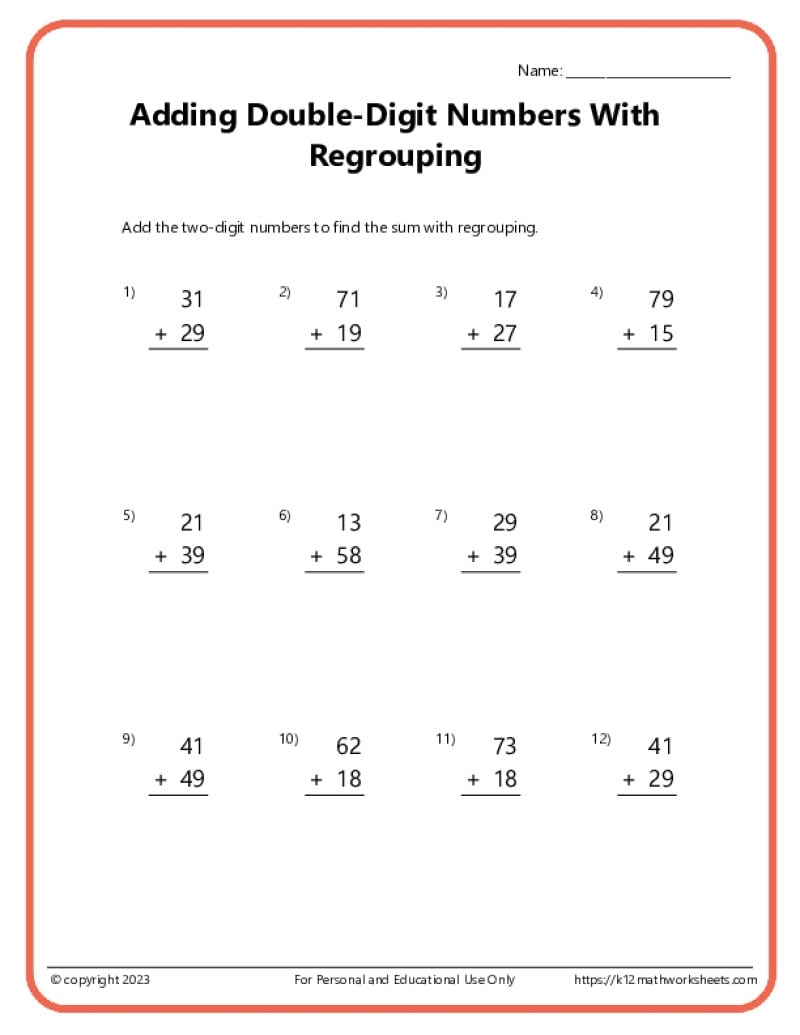 Double Digit Addition With Regrouping Worksheets Double Digit Addition With Regrouping Worksheets