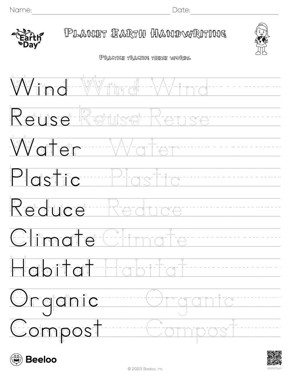Earth Day Themed Word Tracing Worksheets Beeloo Printable Crafts And Activities For Kids