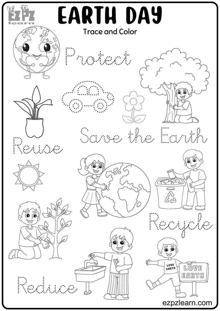 Earth Day Trace And Color Activity For Kids Free Printable PDF Ezpzlearn Free Printable Earth Day Worksheet