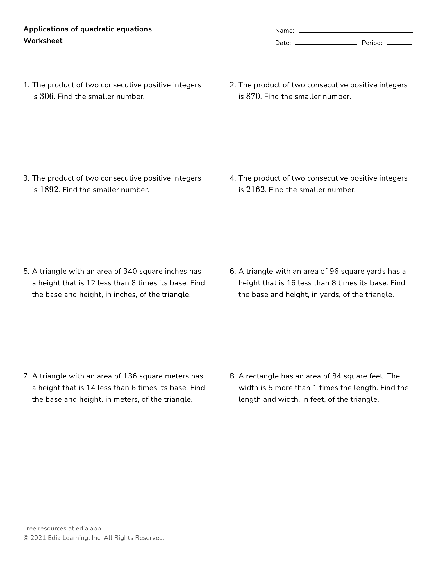 Writing And Solving Quadratic Equations Worksheet PDF Printable Algebra Worksheet Cazoom Math