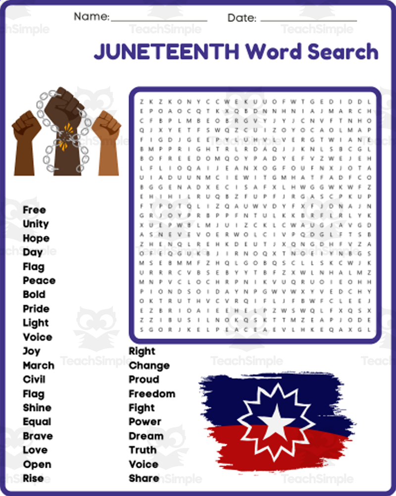 EMANCIPATION FREEDOM DAY JUNETEENTH Word Search Puzzle Worksheet By Teach Simple