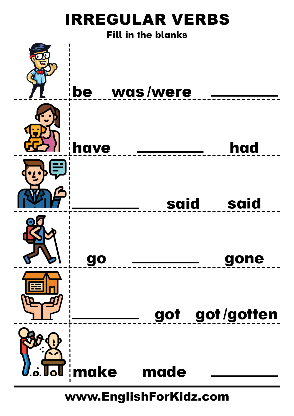 English For Kids Step By Step Irregular Verbs Exercises And Worksheets Simple Past Irregular Verbs Write The Verbs Printable PDF Worksheet Part 1 Ezpzlearn