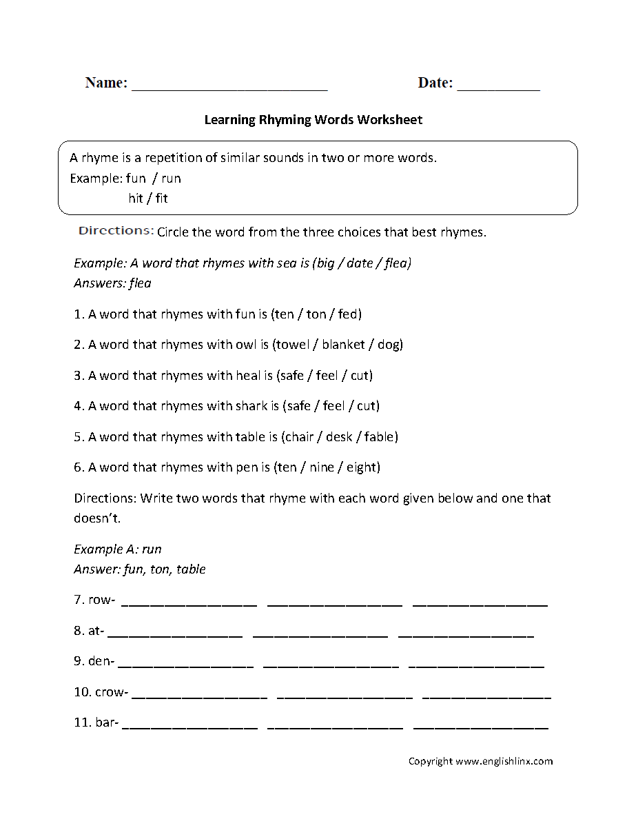 Englishlinx Rhyming Worksheets Rhyme Scheme Worksheet Worksheets Library