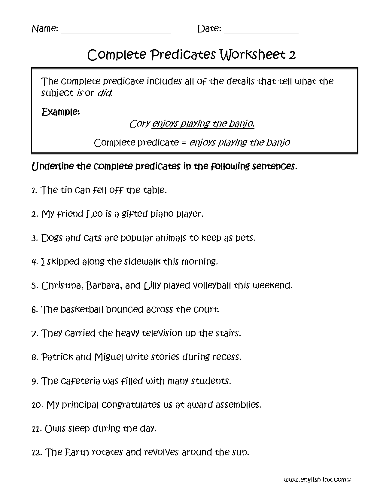 Simple Subjects Predicates Worksheets Ereading Worksheets