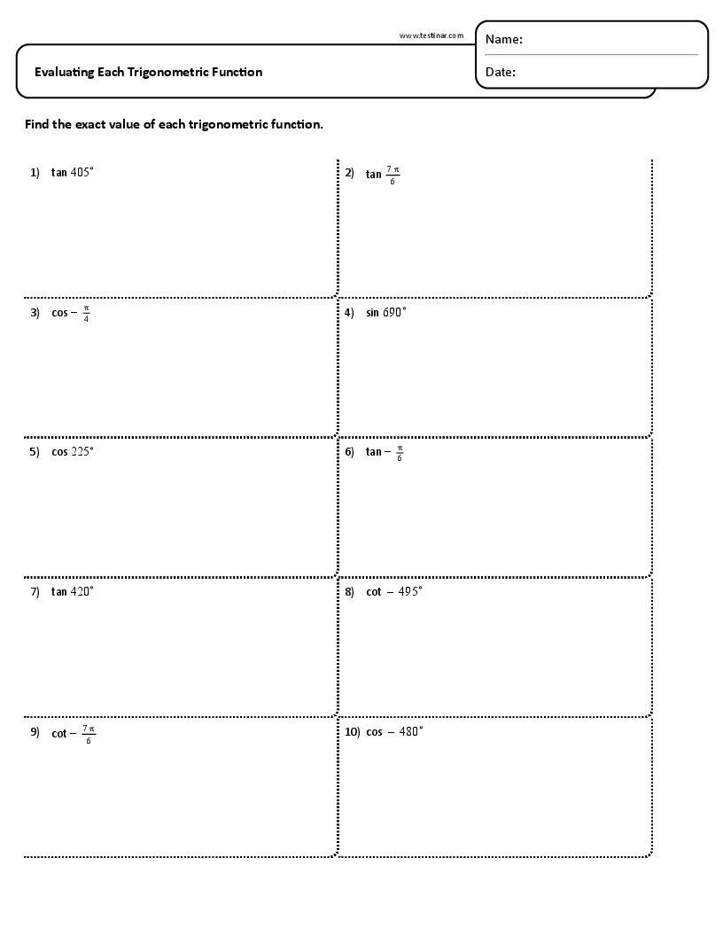 Evaluating Each Trigonometric Function Worksheets Evaluating Each Trigonometric Function Worksheets